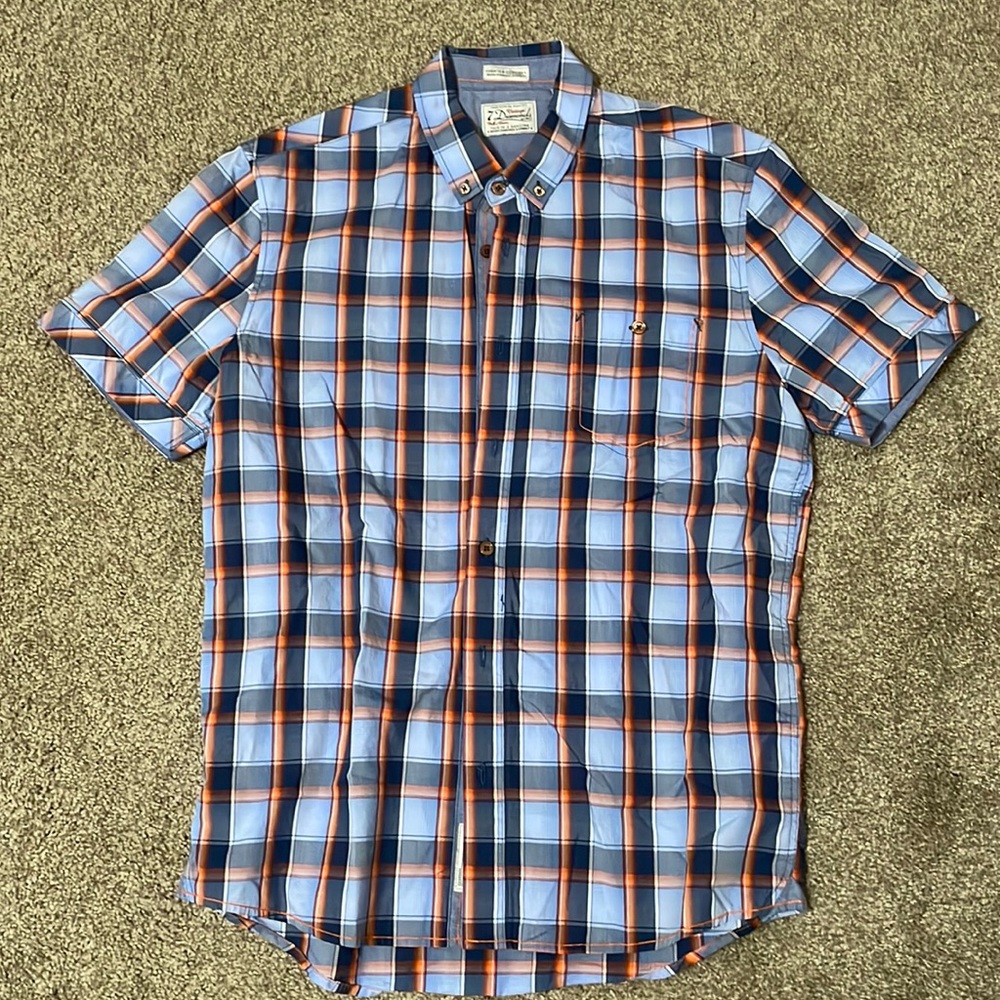 7 Diamonds Short Sleeve Button Down in Blue Orange Plaid